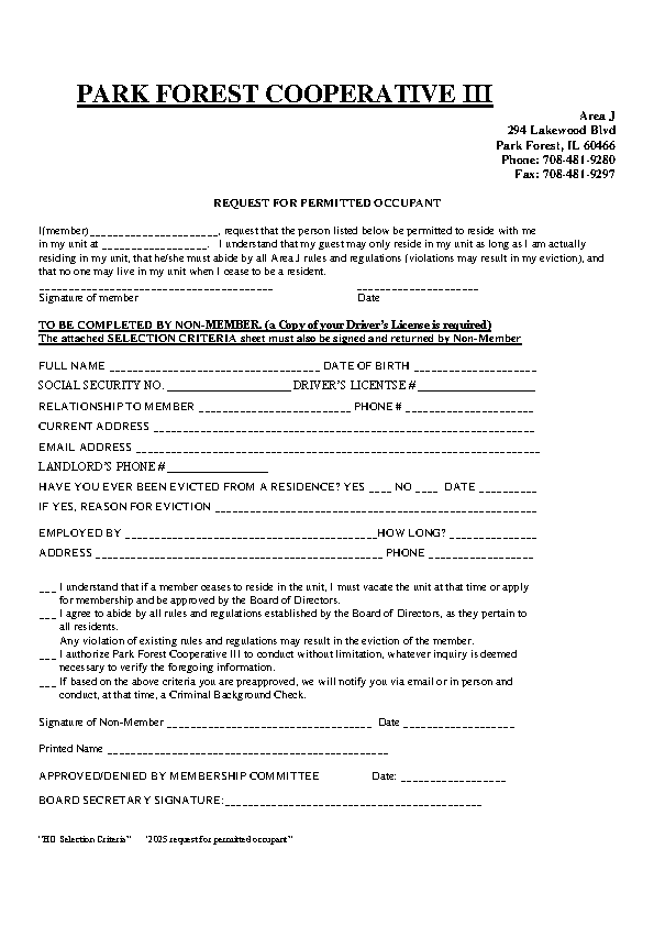 2025 REQUEST FOR PERMITTED OCCUPANT FORM