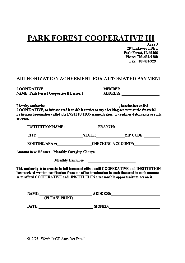ACH Auto Pay Form 2025