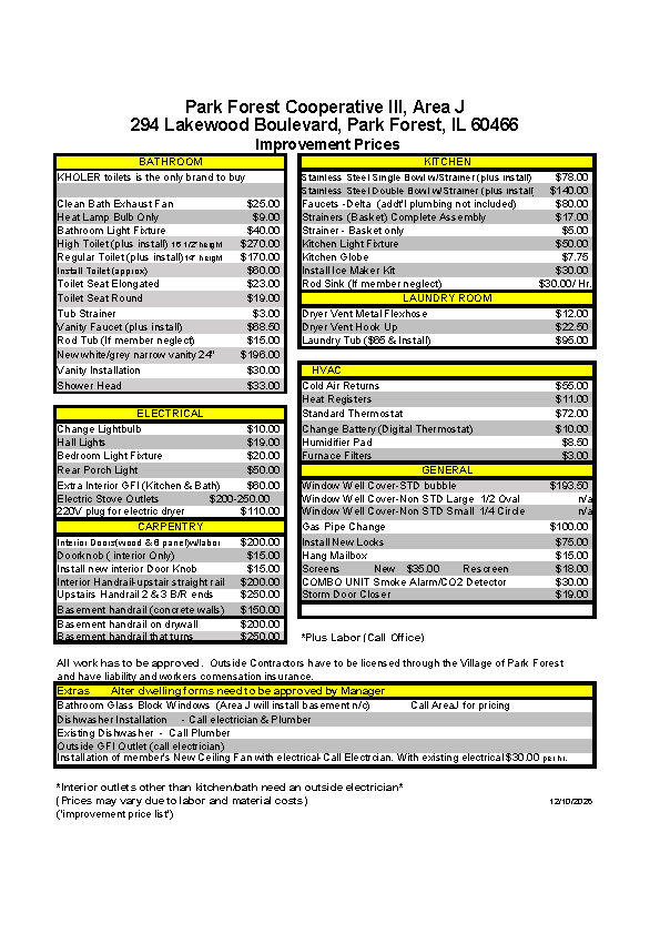 Improvement Price List