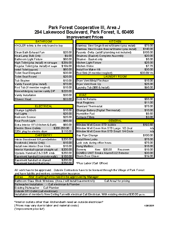 Improvement Price List