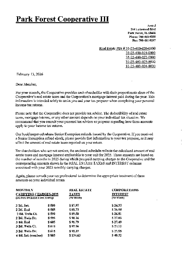 Cooperative’s real estate taxes & Mortgage 2025